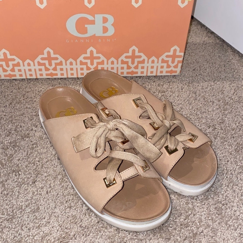 Gianni Bini Beige Women's Mules with Gold Accents